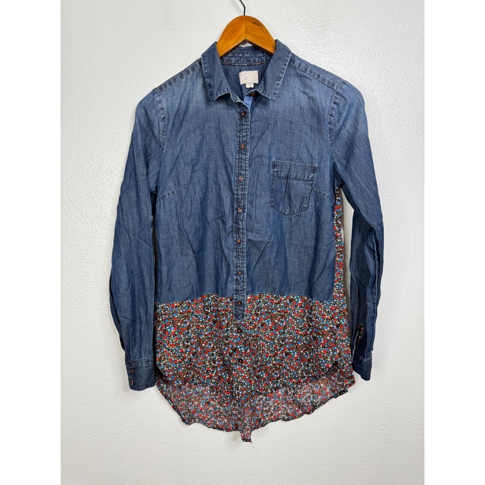 Anthropologie‎ Postmark Mixed Media Denim Floral Button Down Shirt Blue Small 2